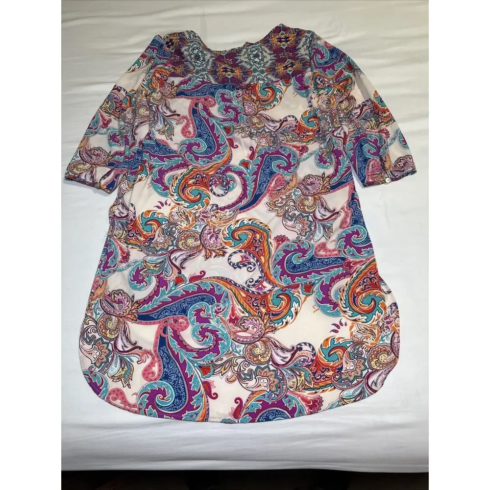Figueroa & Flower Tunic Dress Womens XL Multicolor Paisley Boho Pocket Shirt EUC